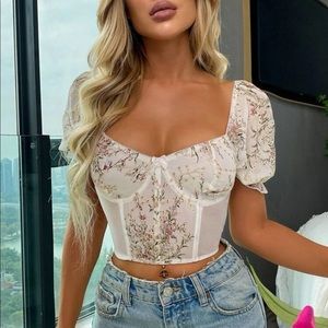 Boho cream floral embroidered mesh crop top